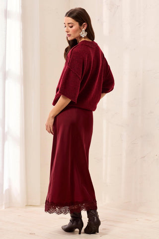 Jupe Midi En Satin Avec Ourlet En Dentelle-Cerise