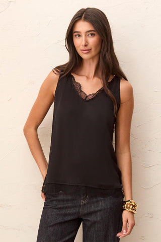 Satin Feel V-Neck Cami With Lace Trim-Black