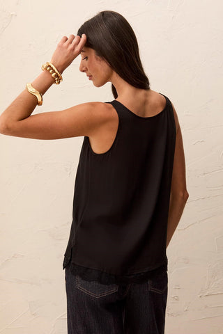 Satin Feel V-Neck Cami With Lace Trim-Black