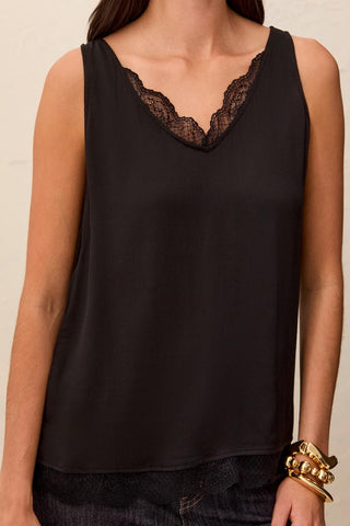 Satin Feel V-Neck Cami With Lace Trim-Black