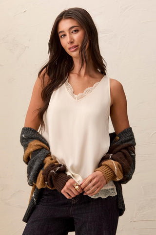 Satin Feel V-Neck Cami With Lace Trim-Cream