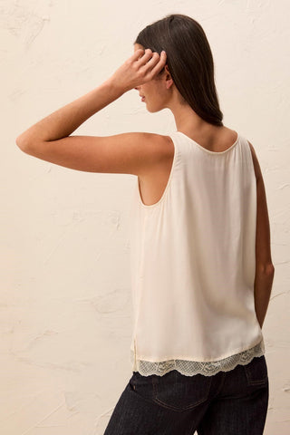 Satin Feel V-Neck Cami With Lace Trim-Cream