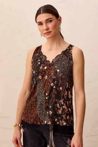 Satin Feel V-Neck Cami With Lace Trim-Rusticbrown