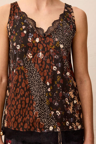 Satin Feel V-Neck Cami With Lace Trim-Rusticbrown