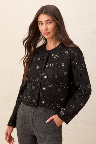 Veste en Tweed à Paillettes et Boutons-Noir