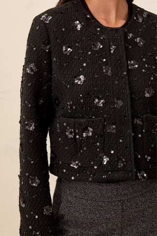Veste en Tweed à Paillettes et Boutons-Noir