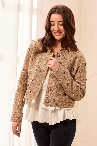 Veste en Tweed à Paillettes et Boutons-Écorce de noisetier