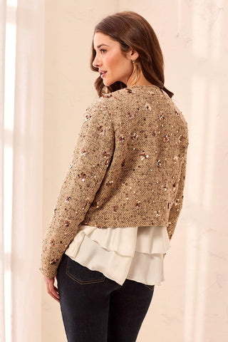 Veste en Tweed à Paillettes et Boutons-Écorce de noisetier