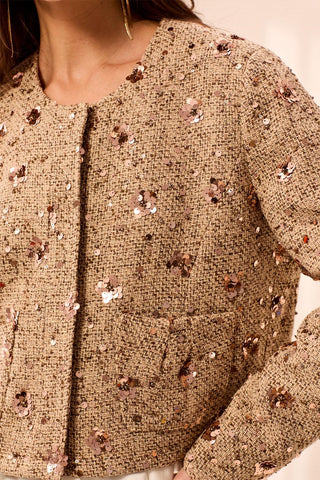 Veste en Tweed à Paillettes et Boutons-Écorce de noisetier