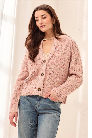 Sequined Button Front Notch Neck Sweater Cardigan-M macaron