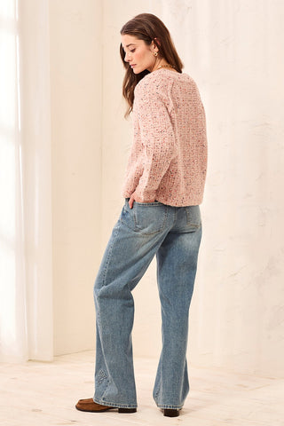 Sequined Button Front Notch Neck Sweater Cardigan-M macaron