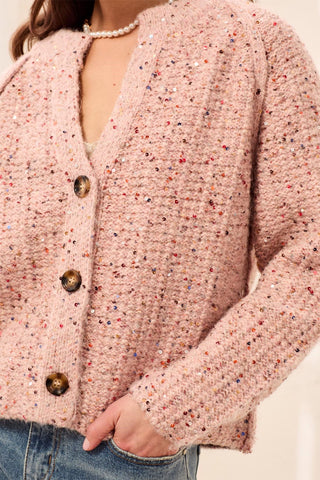 Sequined Button Front Notch Neck Sweater Cardigan-M macaron