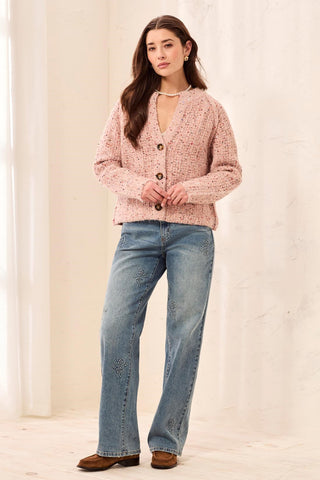 Sequined Button Front Notch Neck Sweater Cardigan-M macaron