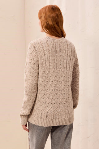 Shimmer Cable Knit Long Sleeve Crew Neck Sweater-Copper