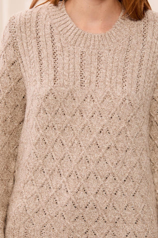 Shimmer Cable Knit Long Sleeve Crew Neck Sweater-Copper
