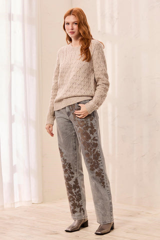 Shimmer Cable Knit Long Sleeve Crew Neck Sweater-Copper