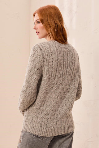 Shimmer Cable Knit Long Sleeve Crew Neck Sweater-Grey mix