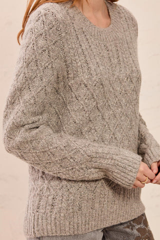 Shimmer Cable Knit Long Sleeve Crew Neck Sweater-Grey mix