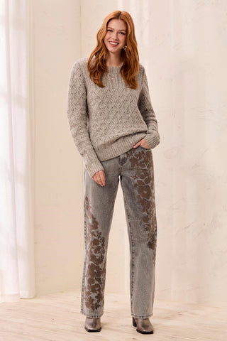 Shimmer Cable Knit Long Sleeve Crew Neck Sweater-Grey mix