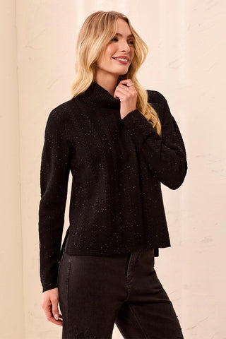Shimmering Cable Stitch Turtle Neck Sweater-Black