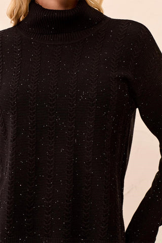 Shimmering Cable Stitch Turtle Neck Sweater-Black