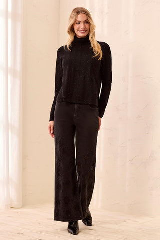 Shimmering Cable Stitch Turtle Neck Sweater-Black