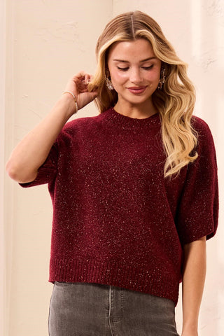 Short Dolman Sleeve Speckled Knit Sweater-H  cherry lacquer