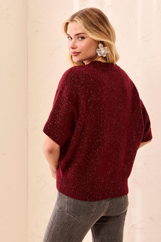 Short Dolman Sleeve Speckled Knit Sweater-H  cherry lacquer