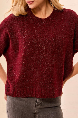 Short Dolman Sleeve Speckled Knit Sweater-H  cherry lacquer