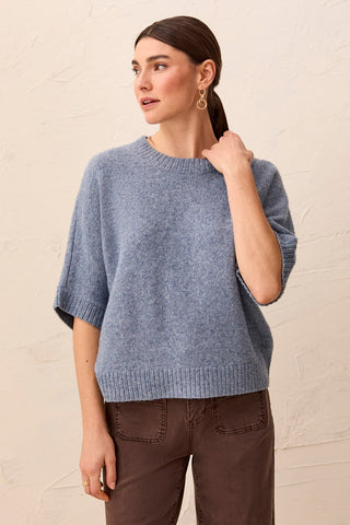 Short Dolman Sleeve Speckled Knit Sweater-H denim