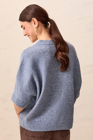 Short Dolman Sleeve Speckled Knit Sweater-H denim