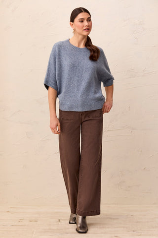 Short Dolman Sleeve Speckled Knit Sweater-H denim