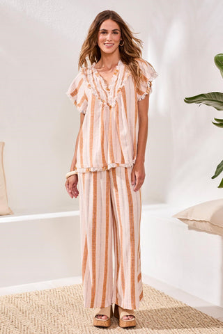 Textured Linen Smocked V-Neck Short-Sleeve Blouse-Saharabeige