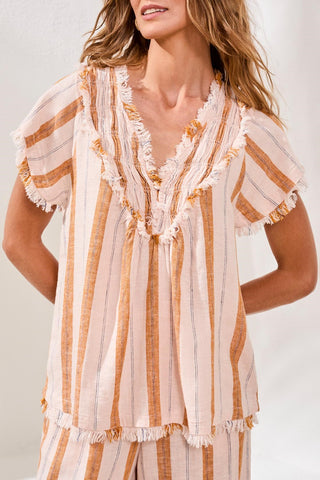 Textured Linen Smocked V-Neck Short-Sleeve Blouse-Saharabeige