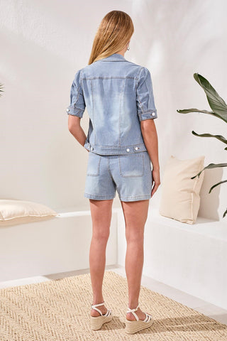 Veste En Denim Rayé Souple Boutonnée À Manches Trois-Quarts-Bord de mer
