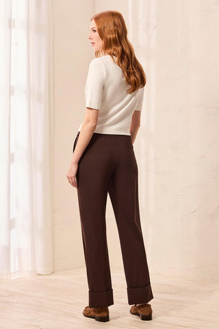 Signature Luxury Twill Straight Leg Cuffed Pull-On Pants-Espresso
