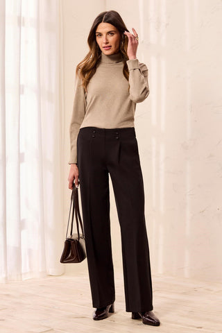 Signature Luxury Twill Wide Leg Button Detail Pull-On Pants-Black