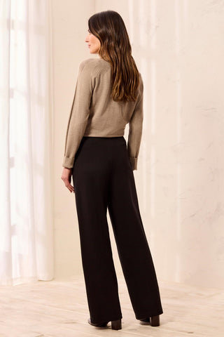 Signature Luxury Twill Wide Leg Button Detail Pull-On Pants-Black