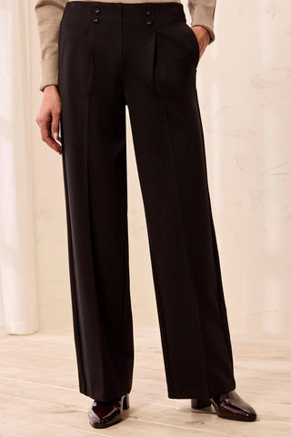 Signature Luxury Twill Wide Leg Button Detail Pull-On Pants-Black