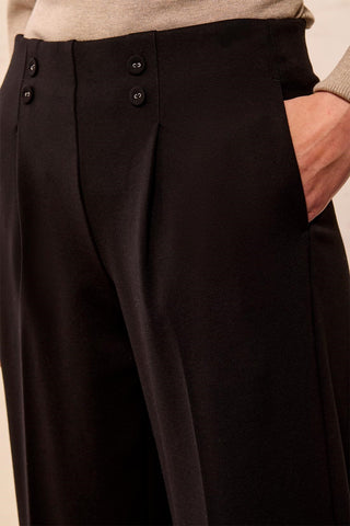Signature Luxury Twill Wide Leg Button Detail Pull-On Pants-Black