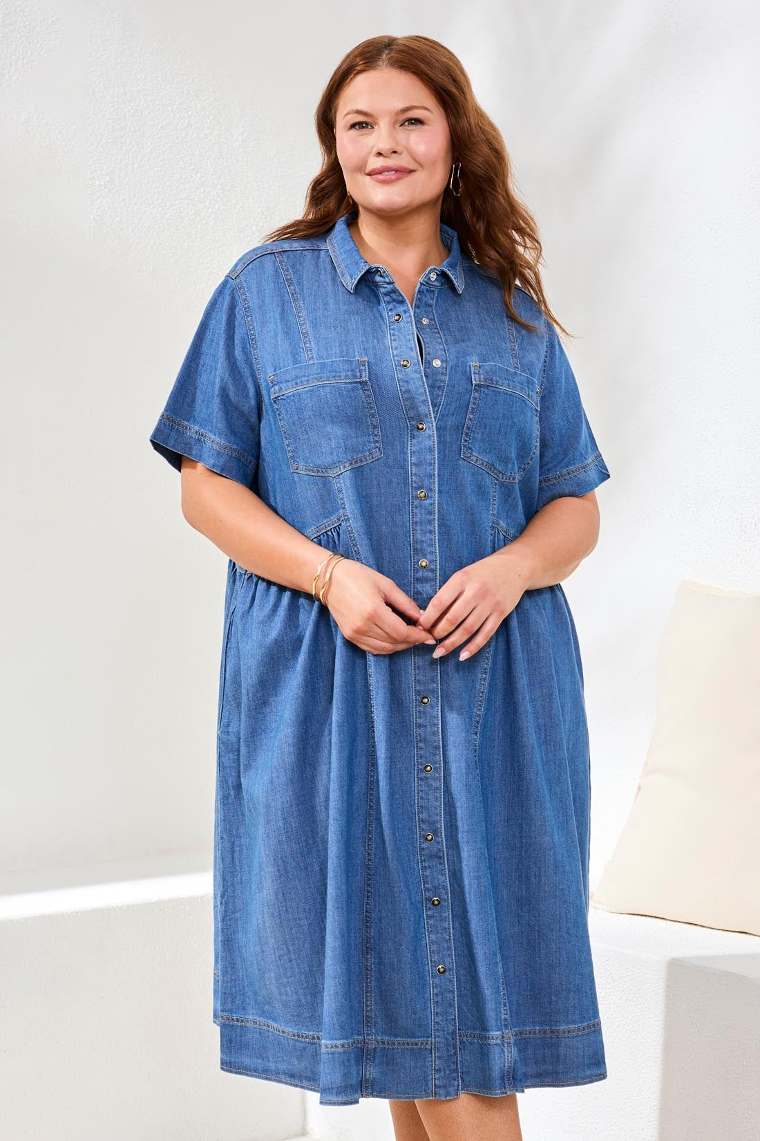 Size Inclusive Button Down Flowy Denim Dress-Fjordblue – Tribal® Fashion