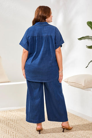Size Inclusive Soft Drape Denim Drop Shoulder Campshirt-Seahaven