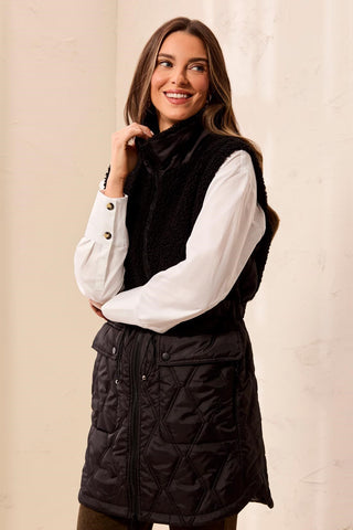 Mix Media Sleeveless Quilted Sherpa Vest-Black