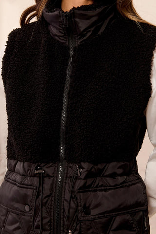 Mix Media Sleeveless Quilted Sherpa Vest-Black