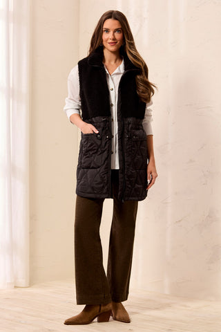 Mix Media Sleeveless Quilted Sherpa Vest-Black