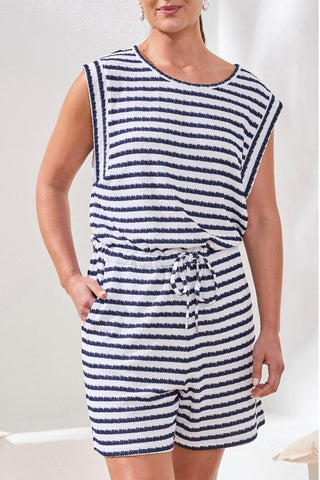 Terry Cloth Sleeveless Romper With Self-Tie Belt-Jet blue