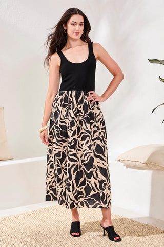 Sleeveless Mixed-Media Twofer Maxi Dress-Black