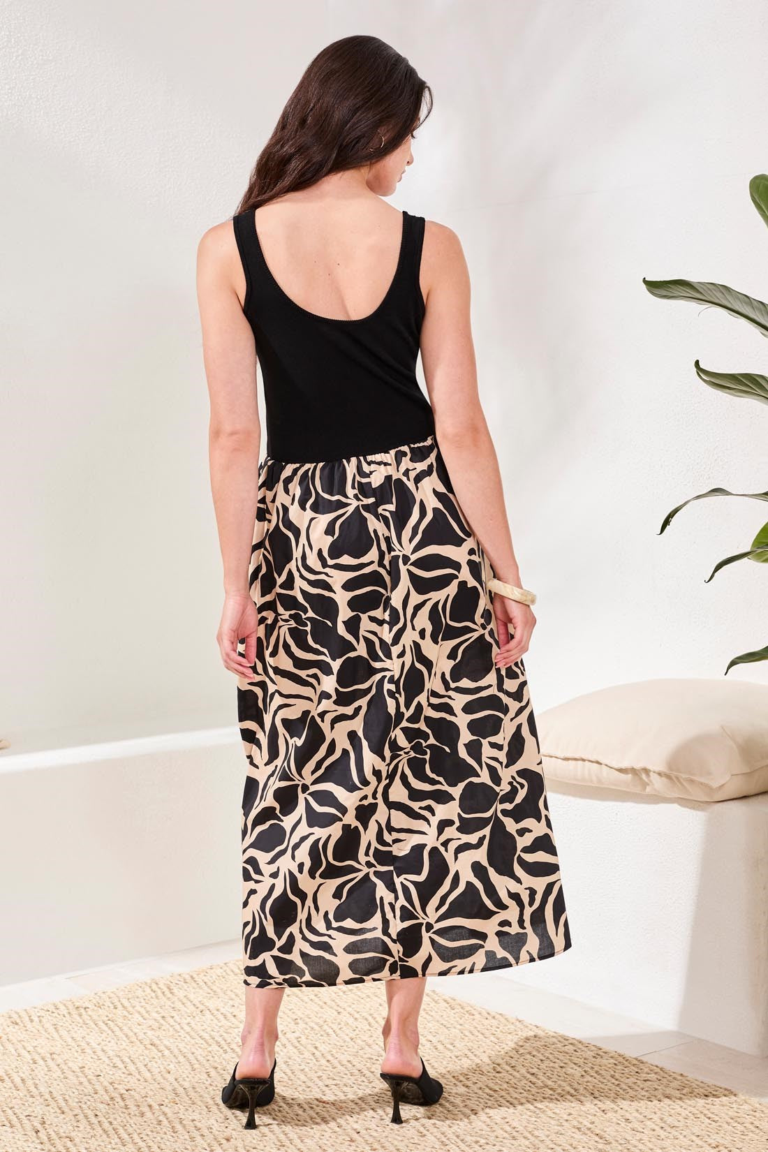 Sleeveless Mixed-Media Twofer Maxi Dress-Black