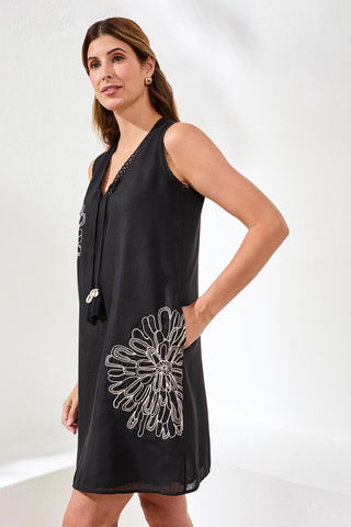 Embroidered V-Neck Sleeveless Dress With Tassel Accents-Black