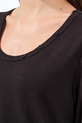 Slub Knit 3/4 Sleeve Scoop Neck Top With Buttons-Black